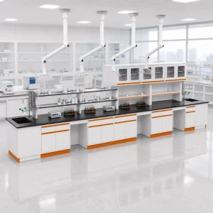 All Steel Island Style Chemistry Lab Workbench with Double Layer Reagent Rack