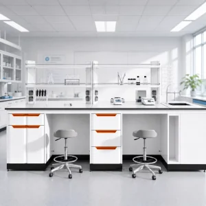 All Steel Island Style Chemistry Lab Workbench with Double Layer Reagent Rack and Storage Cabinet