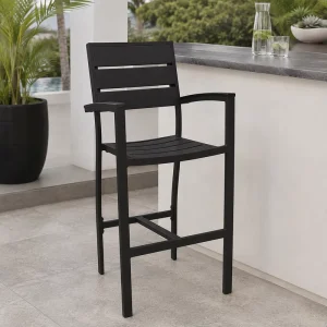 All Weather Restaurant Set Tables and Chairs Commercial Aluminum Plastic Wood Bar Chair Black Teak Look Club Armstool