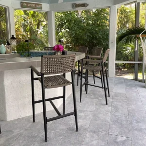All Weather Restaurant Tables and Chairs Dining Set Outdoor Aluminum Bar Chair Commercial Metal Rope Hotel Vila Club Barstool