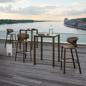 All Woven Rattan Counter Stool Hollow Mesh Backrest Aluminum Frame Outdoor Chair