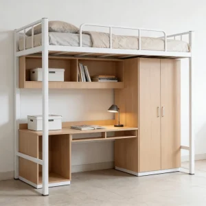 All in One Loft Bed with Desk Wardrobe and Storage Shelves Space Saving Dormitory Furniture for Apartment and Hotel Use