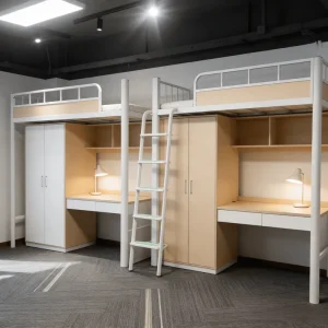All in One Modern Metal Loft Bed with Desk Wardrobe & Storage Shelves Space Saving School & Hotel Dormitory Furniture