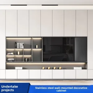 All in one Modern Minimalist Stainless Steel Built in TV Cabinet Living Room Furniture with Storage Display Shelving