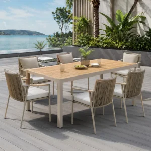 Aluminum Outdoor Dining Table FLD2044 PS Wood Top 130-220cm Long Patio Table for Hotel Resort Restaurant Project