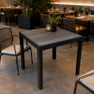 Aluminum Poly Lumber Wooden Outdoor Commercial Tables and Chairs Walnut Teakwood Restaurant Furniture Plastic Wood Square Table