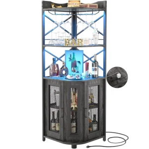 Ama Zon Custom Corner Bar Cabinet With Glass Door LED Lights 6 Tiers Liquor Cabinet Bar With Glass Wine Holder Dark Rustic Oak