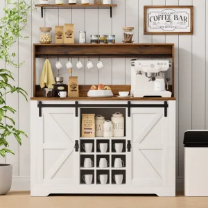 Ama Zon Custom Farmhouse Kitchen Sideboard Buffet Cabinet Coffee Bar Storage Cabinet With Sliding Barn Doors and Wine Rack