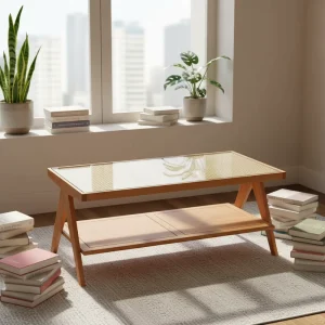 American Cherry Wood Modern Coffee Table with Rattan and Glass Panel Top Durable Living Room Furniture