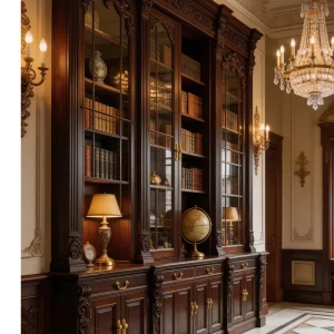 American Classical Living Room Background Cabinet Wooden Carved Full wall Bookcase in Dark Walnut Finish Library Storage Cabinet