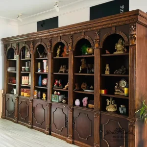 American Distressed Carved Bookcase Oversized Full Wall Library Bookshelf Living Room Wooden Library Wall Bookcase Shelf