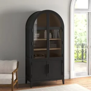 American Light Luxury Wooden Bookcase Nordic Side Cabinet Black Arched Glass Doors Decorated French Vintage Bookshelf Cabinet