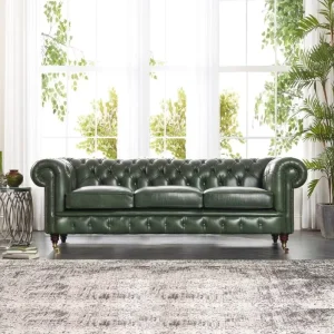 American Retro Dark Green PU Leather Sofa French Style Solid Wood Legs Living Room Small Apartment Cafe Hotel Wax Finish