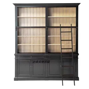 American Retro Home Study Furniture Home Library Bookshelf with Ladder Multifunctional