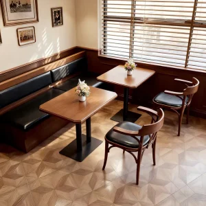 American Retro Minimalist Durable Eco Friendly Restaurant Cafe Coffee Shop Furniture Set Wooden Dining Table Black Leather