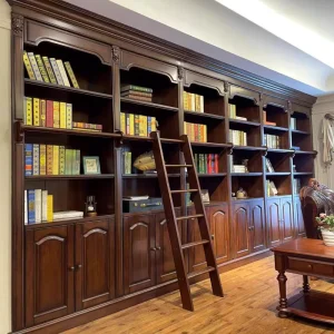 American Retro Solid Wood Library Furniture Home Library Bookshelf with Ladder Living Room Wooden Library Wall Bookcase