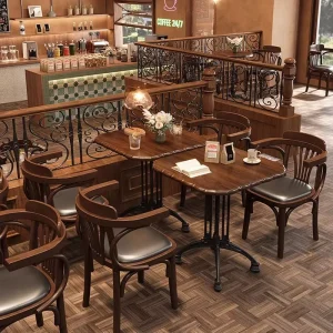 American Retro Solid Wood Rattan Commercial Table Chair for Cafe Dessert Cake Baking Milk Tea Shop
