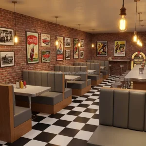 American Retro Vintage Diner Booth Seating Heavy Duty Wood PU Leather Fast Food Bench Sofa Combination for Bar Burger Joint
