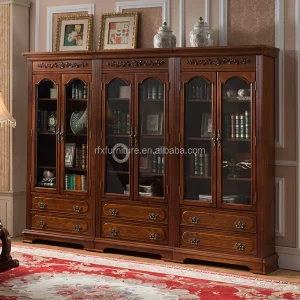 American Style Antique Hand carved Wooden Double Door Bookcase Glass Door Display Home Office Library Furniture