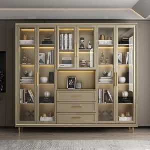 American Style Light Luxury Dustproof Bookcase Glass Door Cherry Wood Bookshelf Study Floor Standing Combination Storage Cabinet