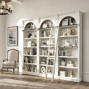 American Style White Carved Library Furniture Home Library Bookshelf with Ladder Wooden Library Cabinet Customization