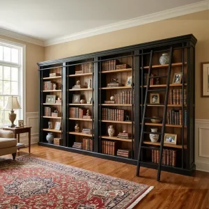American Style Wooden Floor to Wall Bookshelf for Living Room Bookcase with Library Ladder Multi functional Customization