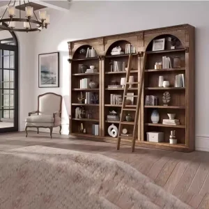 American Vintage Carved Wood Library Bookshelf Home Library Bookshelf with Ladder Living Room Wooden Library Wall Bookcase Shelf