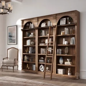 American Vintage Distressed Solid Wood Full Wall Bookshelf Library Furniture with Ladder