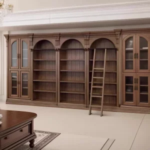 American Vintage oak wood library bookcase home library bookshelf with ladder library furniture bookshelf for home office room
