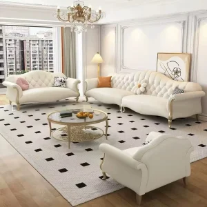 American style Solid Wood Faux Leather U shaped Sectional Set Mid Cream toned High end Living Room Small Spaces Sofa