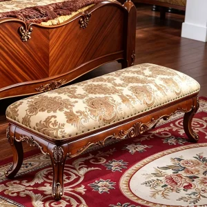 American style Solid Wood and Fabric Headboard Bench Long Bench Genuine Leather Shoe changing Stool Bedroom Furniture