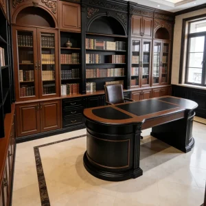American style contrasting color black brown curved leather executive desk wooden carved president office table Customization
