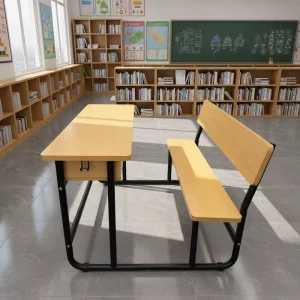 An Affordable Two person Student Desk and Chair Set Featuring a Wooden Tabletop and Metal Frame Ideal for School Classrooms