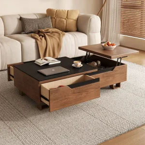 Ancient Style Small Apartment Lifting Storage Coffee Table Living Room Multi Functional Storage Walnut Color Wood Tea Table