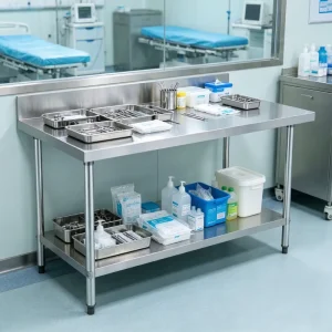 Anti Corrosion Double Tier Hospital Lab Workbench Stainless Steel Laboratory Working Table with Bottom Shelf and Splashback