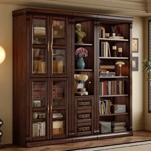 Antique American Design Solid Walnut Wood Study Bookcase with Glass Door and Drawer Storage for Living Room or Home Library