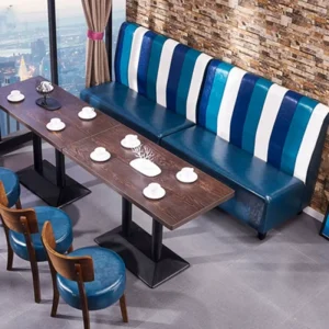 Antique Blue PU Leather Wood Vertical Channels Restaurant Dining Booth Couches and Table Set for Hotel Use