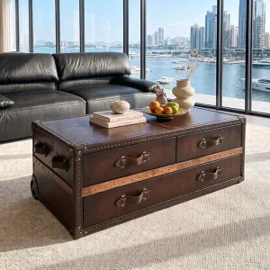 Antique Brown Top Grain Leather with 3 Drawers Storage Durable for Home Lounge Center Table Leather Trunk Coffee Table