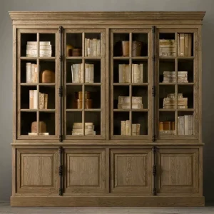Antique Oak Bookcase with Cremone Bolts 8 Door Glass Display Cabinet for Library Vintage Wood Home Office Hutch