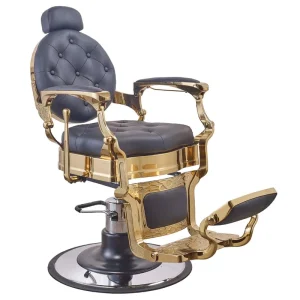 Antique Style Black Gold Tufted Leather Barber Shop Styling Shaving Chair Hydraulic Pump Round Base