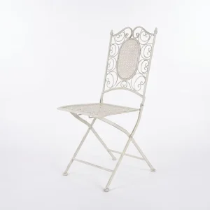 Antique Style Wrought Iron Folding Chair With Ornate Back and Rustproof Finish for Garden Wedding and Party Rental