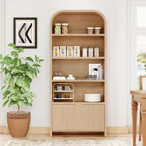 Arched Bookcase with Drawer 5 Tier Bookshelf with Fluted Carved Drawer Freestanding Display Storage Cabinet
