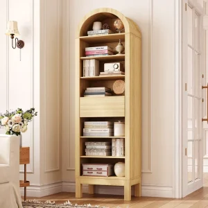 Arched Bookshelf 7 Tier Arched Bookcase with Storage with One Big Drawer Freestanding Wooden Display Shelves