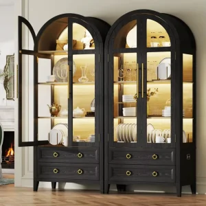 Arched Curio Cabinet with Glass Doors 4 Shelves Display Cabinet and 2 Drawers Display Case with 3 Color Lights
