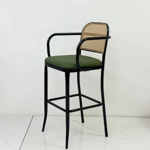 Armrest Rattan Bar Stool Black Bent Metal Frame Green Cushion High Counter Bar Chair