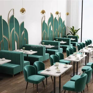 Art Deco Style Restaurant Seating Set Emerald Velvet Banquette Booth + Gold-Accent Chairs (Cafe/Hotel Dining)