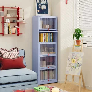 Artistic Blue Steel Bookshelf with Flip Door for Living Room and Art Studio