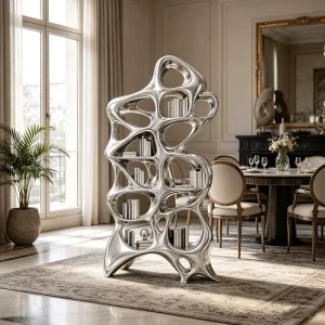 Artistic Hollow Open Bookcase Fiberglass Structure Silver Mirror Finish for Villa Office Living Room Decor