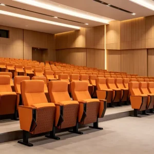 Auditorium Chair With Ventilated Wood Panel Wood Writing Pad Theater Seating for Lecture Hall Cinema