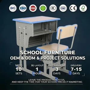 Authorized Provider Blue Trim Wood Grain Height Adjustable Classroom Furniture Suite ISO CE Certified Educational Study Set